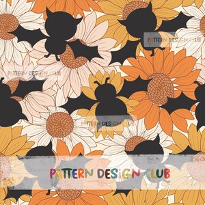 Retro Fall Halloween Seamless Pattern, Commercial Use, Sunflowers Seamless Pattern, Halloween Fabric Design, Wallpapers, Digital Pattern