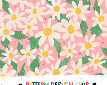 即時ダウンロード - かわいいデイジーの花柄、表面パターンデザイン、繰り返しシームレスパターン、デジタルペーパー、ファブリックデザイン、デジタル