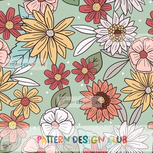 Valentines Seamless File, Valentine’s Day Boho Floral Seamless Pattern, Pink Mint Flower Retro Seamless Repeating Digital File
