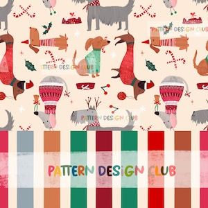 Set of 2-Christmas Dogs Seamless Pattern Digital File for Commercial Use, Christmas Repeating Pattern, Dog Holiday Digital Repeat File