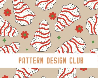 Groovy Christmas Tree Cakes Seamless Digital Pattern File, Holiday Snack Dessert Seamless Pattern File