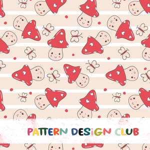 Valentine Kawaii Mushroom Seamless Pattern for Commercial Use, Heart Seamless Repeat File, Love Seamless Repeating Digital Paper