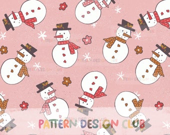 Pink Christmas Seamless Pattern, Kids Snowman Seamless, Holiday Seamless, Girls Christmas Snowman Seamless Digital Pattern