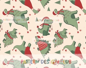 Christmas Dino Seamless Pattern for Commercial Use, Christmas Seamless Repeat Pattern for Fabric Print, Holiday kids Neutral Pattern Design