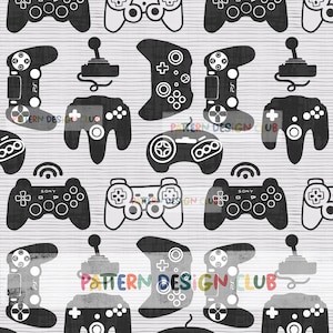 May include: A seamless pattern featuring various black and white video game controllers on a gray and white striped background. The controllers include classic, modern, and retro designs.