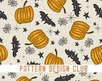 Boho Halloween Ghosts Pumpkin Bat Seamless File, Cute Spooky Kids Seamless File, Neutral Halloween Seamless