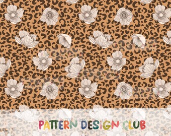 Leopard print Florals Seamless Pattern File, Boho Flowers Seamless File, Boho Anemones Repeat Pattern Digital Download