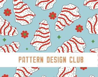 Groovy Christmas Tree Cakes Seamless Digital Pattern File, Holiday Snack Dessert Seamless Pattern File