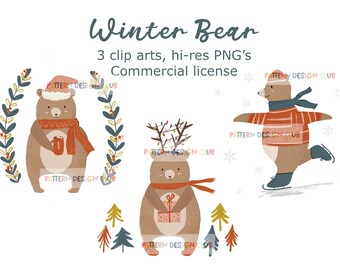 Christmas bear clipart, Christmas nursery sublimation design, Bear png, Woodland Nursery Bear Clipart, Holiday Greeting Card Prints