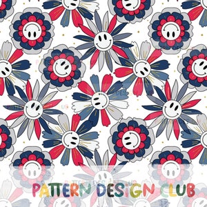 July 4th Florals Flowers Smiley Seamless Pattern File, Fourth of July Seamless File, USA Patriotic Seamless, Independence Day Seamless File