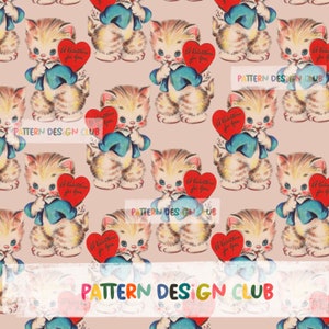 May include: A seamless pattern featuring a repeating design of cute cartoon kittens holding red hearts with the text "A Valentine for you". The kittens are wearing blue bow ties and have brown and white striped fur. The background is a light pink colour.