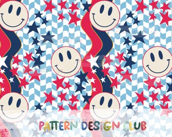 July 4th Smiley Aesthetics Seamless Pattern File, Fourth of July Seamless File, USA Patriotic Seamless, Independence Day Seamless File