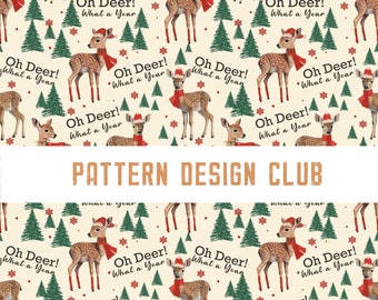 Oh Deer Christmas Words Seamless Pattern, Woodland Christmas Seamless Design File, Fawn Deer Seamless Xmas Trees Pattern