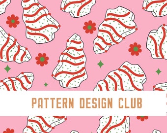Groovy Christmas Tree Cakes Seamless Digital Pattern File, Holiday Snack Dessert Seamless Pattern File
