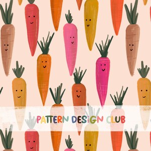 Könnte beinhalten: Ein nahtloses Muster mit einer Vielzahl von bunten Karotten mit fröhlichen Gesichtern. Die Karotten sind in einem sich wiederholenden Muster auf einem hellrosa Hintergrund angeordnet. Das Muster ist perfekt für die Verwendung in einer Vielzahl von kreativen Projekten, wie z. B. Stoff, Tapete und Geschenkpapier.