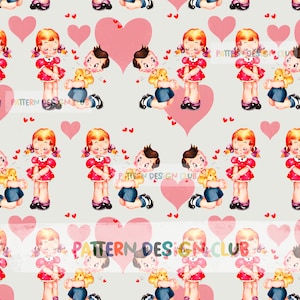 Valentine Vintage Seamless Neutral Pattern File, Valentines Day Girl Boy Seamless Digital, Love Seamless File, Hearts Seamless, Valentines
