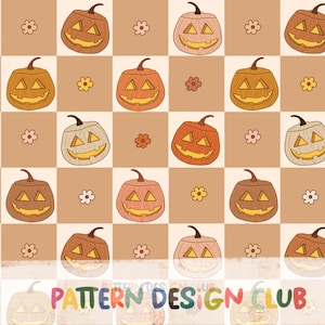 Boho Fall Pumpkin Halloween Seamless Pattern Design, Retro Checker Fall Seamless Repeat File, Neutral Fall Seamless, Autumn Seamless