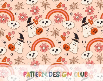 Halloween Seamless Pattern, Halloween Kids Cute Seamless Digital File, Fall Seamless Pattern File, Floral Pink Halloween Skulls Pumpkins