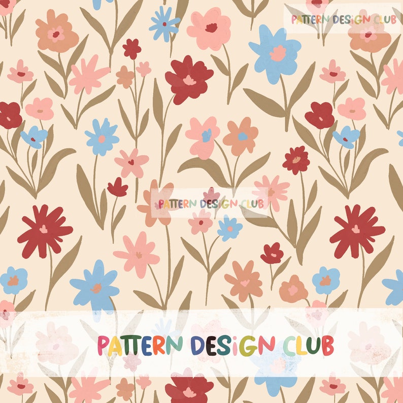 Puede incluir: Un patr&oacute;n sin costuras con una variedad de flores coloridas sobre un fondo beige claro. Las flores son en tonos de rosa, rojo, azul y marr&oacute;n. El patr&oacute;n se repite en toda la imagen. El texto "PATTERN DESIGN CLUB" se muestra en la parte inferior de la imagen.