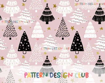 Christmas Trees Seamless Pattern Commercial Use, Winter Seamless Repeating Pattern File, Pink Christmas Seamless File Digital Download