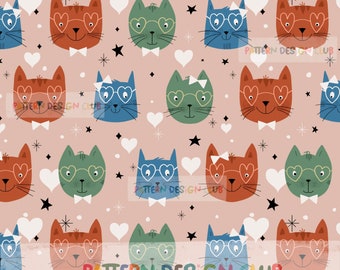 Valentines Retro Cats Seamless File, Hearts Seamless, Love Seamless Digital File,  Cats Repeating File, Retro Cats Seamless Digital