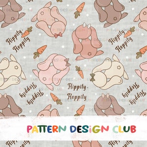 May include: A seamless pattern featuring pink, brown and cream bunnies with bows on a light grey background. The bunnies are facing away from the viewer and the pattern includes the text "Hippity Hoppity" and "hiddo-hidd" in a handwritten font.