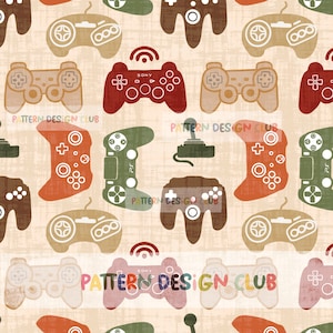 Può includere: Un motivo senza cuciture con vari controller per videogiochi in stile retrò in diversi colori, tra cui rosso, verde, marrone e beige. I controller sono disposti in un motivo ripetitivo su uno sfondo beige chiaro.