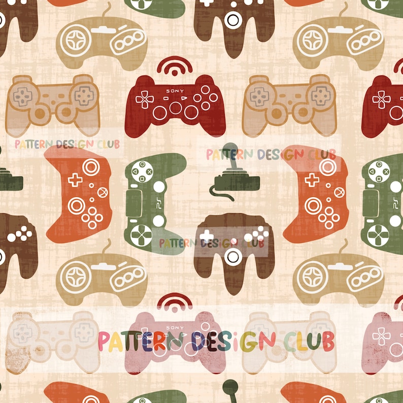 May include: A seamless pattern featuring various retro-style video game controllers in different colors, including red, green, brown, and beige. The controllers are arranged in a repeating pattern on a light beige background.