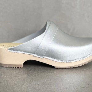 Swedish clogs, Ingrid low heel, silver metallic. Made in Sweden.