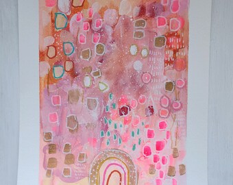 Original Acrylic Abstract on paper 23 x 30cm size, in pink and red, gold, yellow colours, Baby room Wall Decor, Small Mixed Media Art