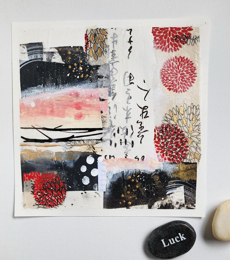 Original Mixed Media Collage Art, Japanese Calligraphy Floral, 8x8