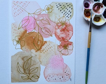 Original Abstract Watercolor Painting, Floral Botanical Art, 6.5x8.5