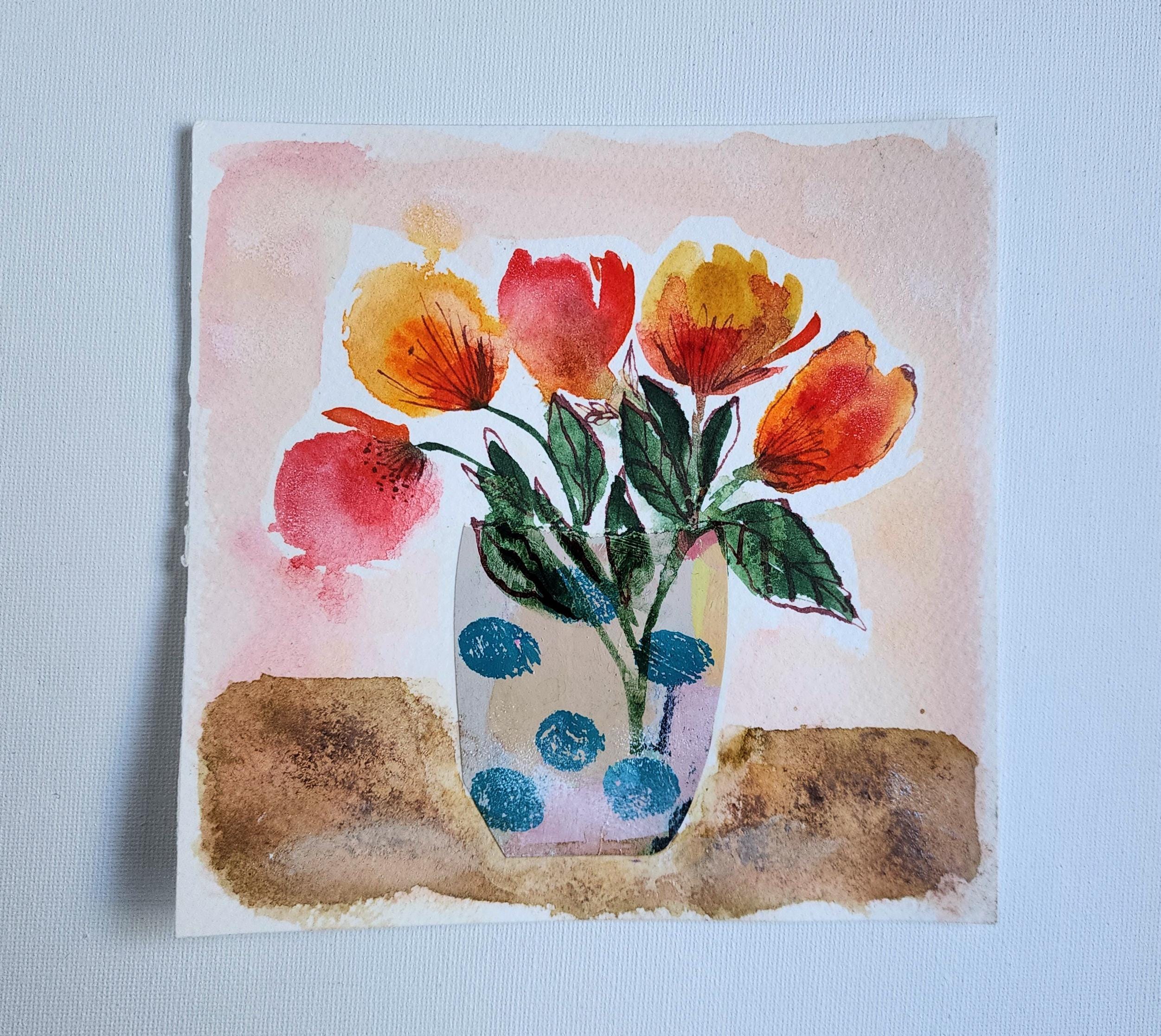 Abstract Collage Flowers Vase Painting, Pink Yellow Mixed Media Art ...