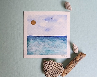 Small Watercolour Beach Painting, Original hand painted Art, Abstract Ocean painting , Abstract Seascape Watercolour  Wall Art Decor