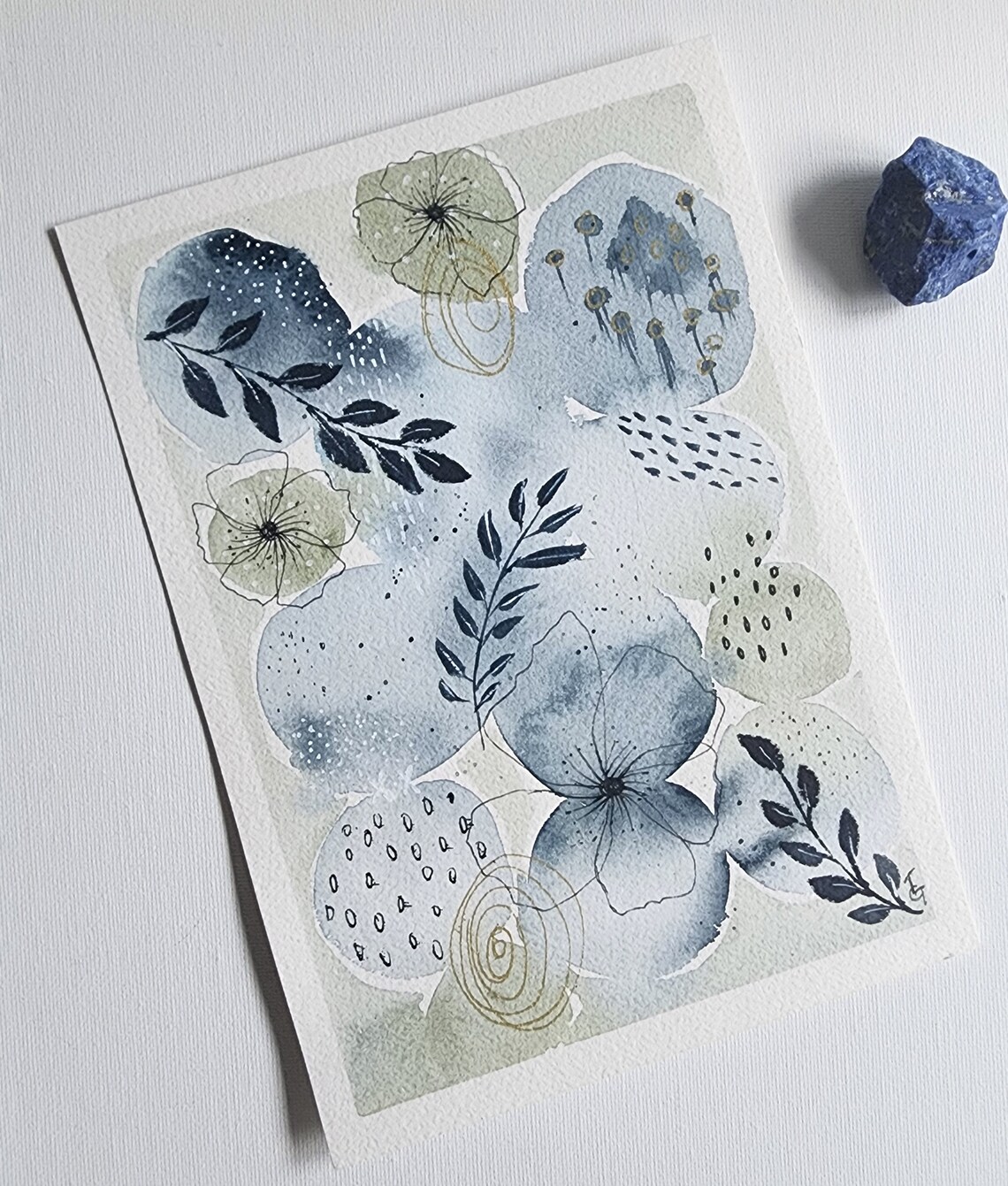 Original Watercolour Abstract Art on Paper, Modern Blue Abstract Art, Minimalist Art, Botanical