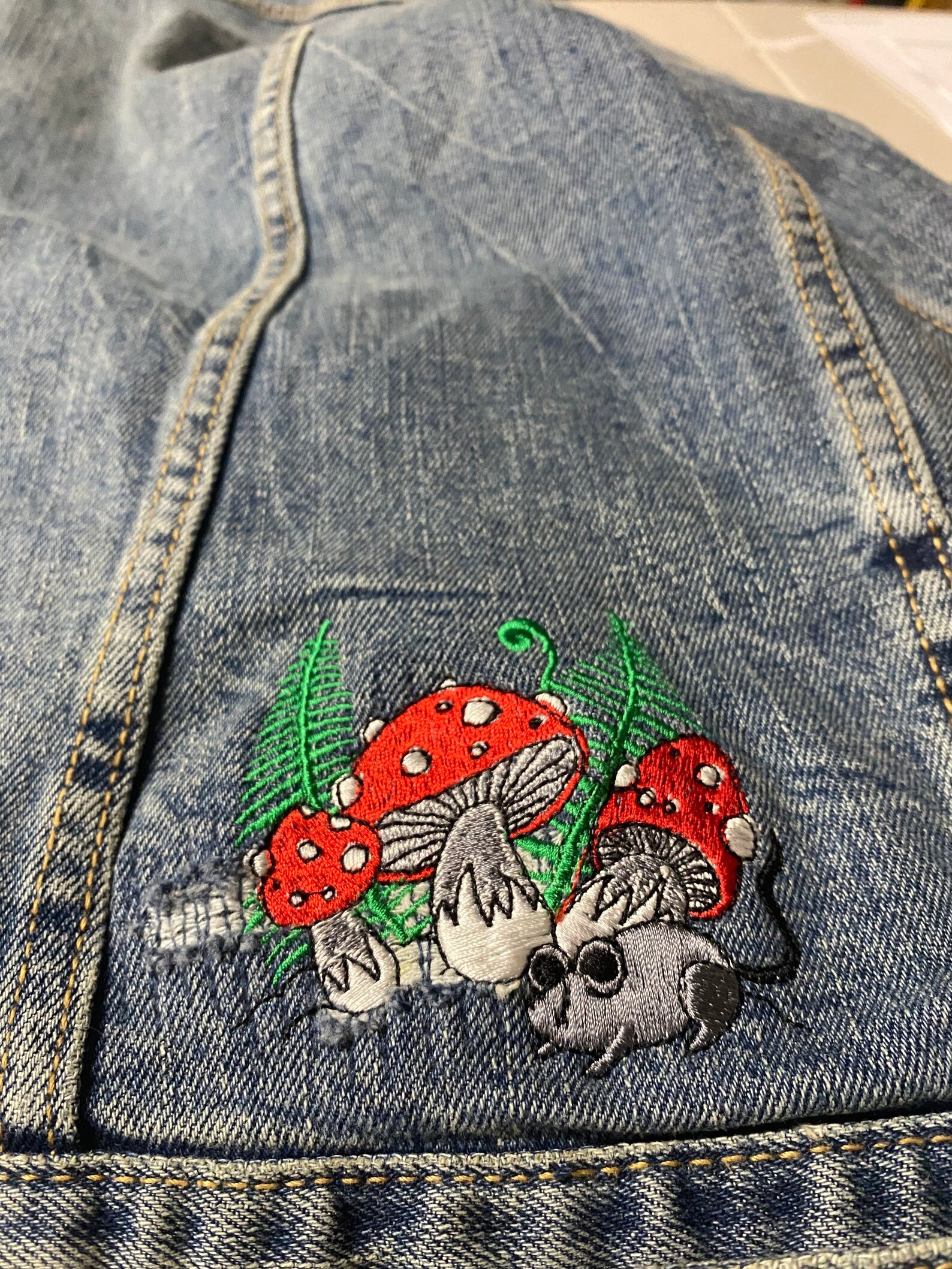 Mushroom embroidered denim jacket. | Etsy