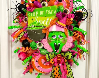 Whimsical Witch Halloween Wreath, Spooky Front Door Decor, Halloween Home Decoration