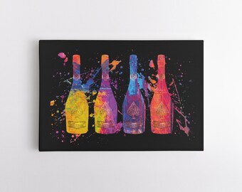 May include: Five colorful champagne bottles with a black ace of spades logo on a black background with colorful paint splatters.
