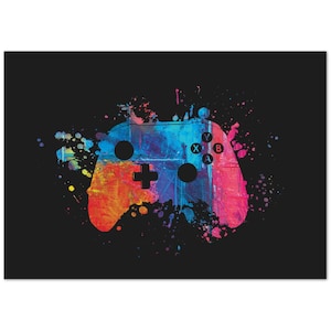 K&ouml;nnte beinhalten: Abstrakte Malerei eines Videospiel-Controllers vor schwarzem Hintergrund. Der Controller ist in leuchtenden Farben wie Orange, Blau und Pink gehalten, mit Farbspritzereffekten. Die Tasten des Controllers sind sichtbar.