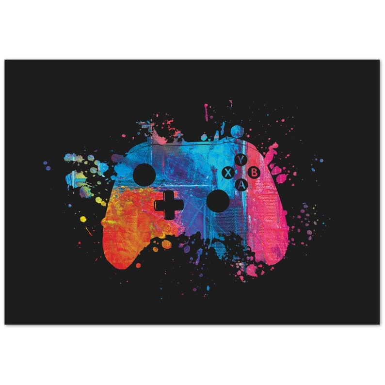 K&ouml;nnte beinhalten: Abstrakte Malerei eines Videospiel-Controllers vor schwarzem Hintergrund. Der Controller ist in leuchtenden Farben wie Orange, Blau und Pink gehalten, mit Farbspritzereffekten. Die Tasten des Controllers sind sichtbar.