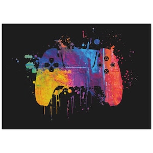 Puede incluir: Una pintura abstracta colorida de un mando de videojuego con salpicaduras de pintura en tonos de rojo, naranja, amarillo, verde, azul y morado sobre un fondo negro.
