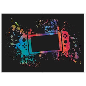 May include: A black background with a colorful splatter pattern. A silhouette of a Nintendo Switch console is in the center of the splatter pattern.