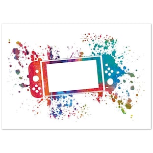 May include: A colorful abstract design of a video game console with a white outline against a white background.