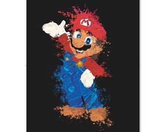 Super Mario Wall Art Print | Kolorowa sztuka rozprysków | Sztuka w pokoju gier | Prezent dla gracza | Plakat do pokoju dziecięcego | Dekoracja do gier wideo w stylu retro