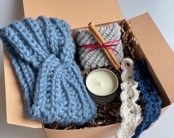 Hand knit hygge gift set, winter warmth care package, cozy gift box, comfort box, hygge self care kit, thinking of you, gifts under 75