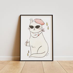 Whimsical Cat Art Print - Cute Cat Poster with Beret, Cat Lover Gift, Wall Decor, Home Art, Animal Illustration