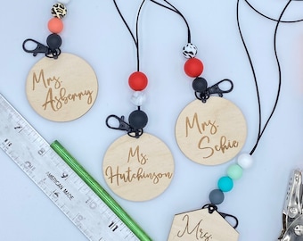 Personalized Teacher Lanyard: Silicone Beads, Engraved Wood Tag