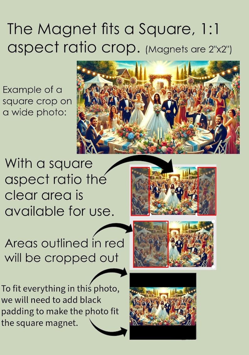 May include: A diagram explaining how to crop a wide photo to fit a square magnet. The diagram shows a wedding photo with the bride and groom in the center. The red outlines show the areas that will be cropped out. The text explains that black padding will be added to make the photo fit the square magnet.