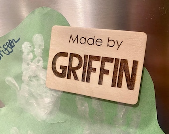 Personalized Kids Art Fridge Magnet: Engraved Wood