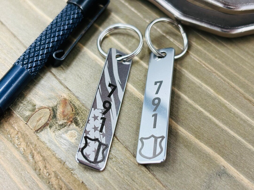 Personalized Police Badge Number Keychain With St. Michael Engraving